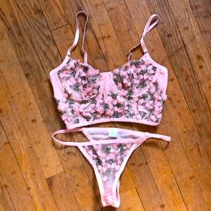Rose and Gold Leaf Bralette and Panty Lingerie Set NWOT
